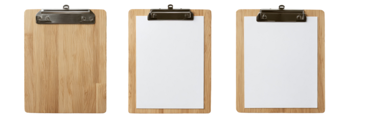 Three wooden clipboards with blank white paper