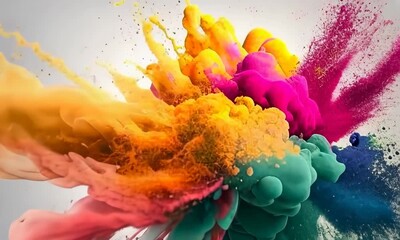 An explosion of vibrant colors in a dynamic abstract composition, featuring swirling clouds of yellow, pink, green, and blue pigments against a light background. - Powered by Adobe