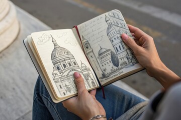 Naklejka premium Person sketching architectural landmarks in a notebook while seated outdoors in a city