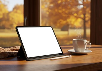 Obraz premium Tablet with blank screen and coffee cup on wooden table with autumn foliage background
