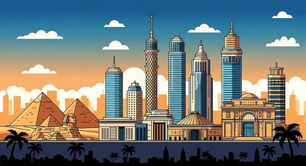 Obraz premium egypt skyline with pyramids and modern architecture a cityscape illustration against a sunset sky ideal for travel blog or tourism promotion