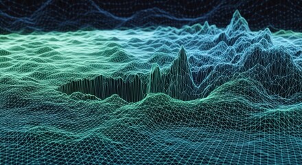 A digital landscape with a grid of interconnected lines forming a mountainous terrain.