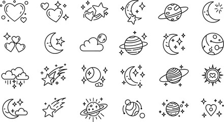 Collection of celestial and heart icons with stars and planets moon