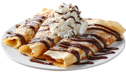 Three thin, golden-brown crepes stacked, drizzled with dark chocolate sauce and topped with whipped cream.  Sprinkled with powdered sugar.  Served on a white plate