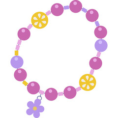 Handmade Beaded Bracelet With Flower Charm And Yellow Citrus Slices Adorned With Purple Blue And Yellow Round Beads On Transparent Background