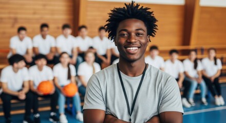 Young coach smiles confidently while his basketball team poses together in the gym during practice