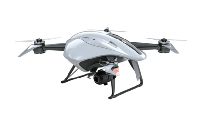 Sleek white drone with camera, dark arms, and black background