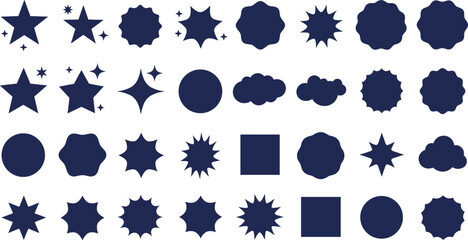 Collection of dark blue star cloud circle and burst shapes on white background explosion graphic