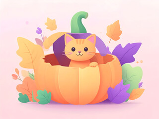 Playful Cute Cat Inside a Carved Pumpkin Halloween Illustration