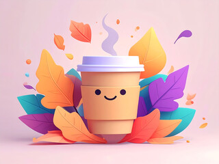 Cute Smiling Coffee Cup Character with Autumn Leaves Illustration