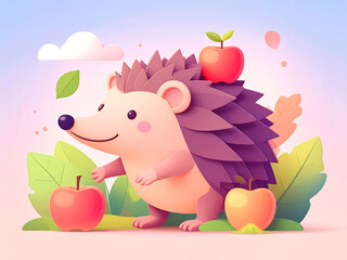 Happy Cute Hedgehog Character Surrounded by Apples Illustration
