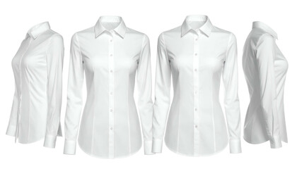 Four views of a white, button-down, long-sleeved women's shirt, showing front and side