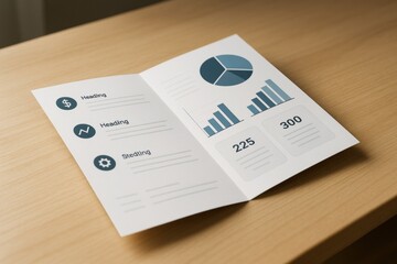 Folded business brochure with charts and icons lying on wooden desk, showcasing data visualization and marketing concept in clean layout. Ai generative