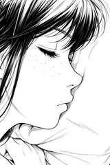 Serene young woman with freckles sleeping peacefully, captured in a delicate black and white sketch style, evoking tranquility and gentle dreams.
