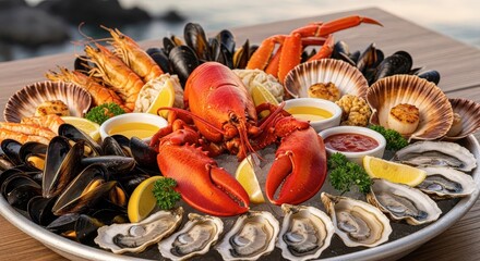 Sumptuous Seafood Platter Featuring Lobster Mussels Scallops and Oysters