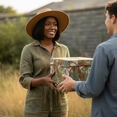 A stylish Black woman gives a donation box to a man outdoors. People volunteering for a charity. Generosity and kindness concept