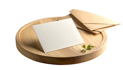 Square blank card with envelope and sprig of greenery on a wooden circular board
