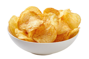 A bowl filled with golden-brown potato chips.  The chips are layered, showing a variety of sizes and shapes.  They appear crispy and slightly textured.  The bowl is simple, white, and round