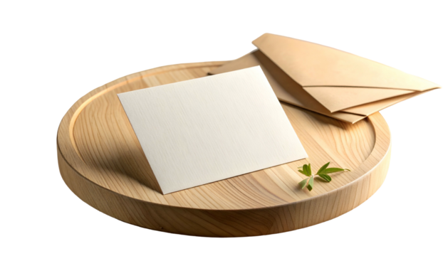 Square blank card with envelope and sprig of greenery on a wooden circular board