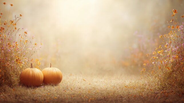 Serene autumn landscape with two pumpkins on grassy field surrounded by colorful fall foliage and soft warm sunlight creating peaceful scene