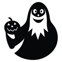 Cartoon illustration vector of a funny black ghost woman's face and monster eyes on a scary Halloween pumpkin character mask design