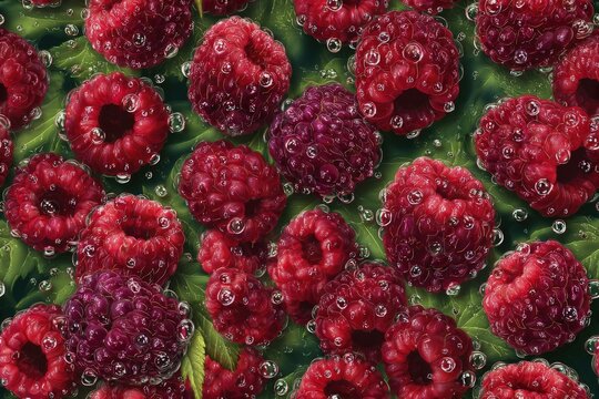 Juicy raspberries in a lush pattern hyper-realistic dew drops rich crimson and emerald hues opulent fabric design seamless pattern background