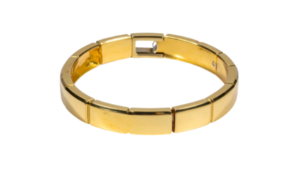 Gold, rectangular-linked bracelet on black, with hinge closure