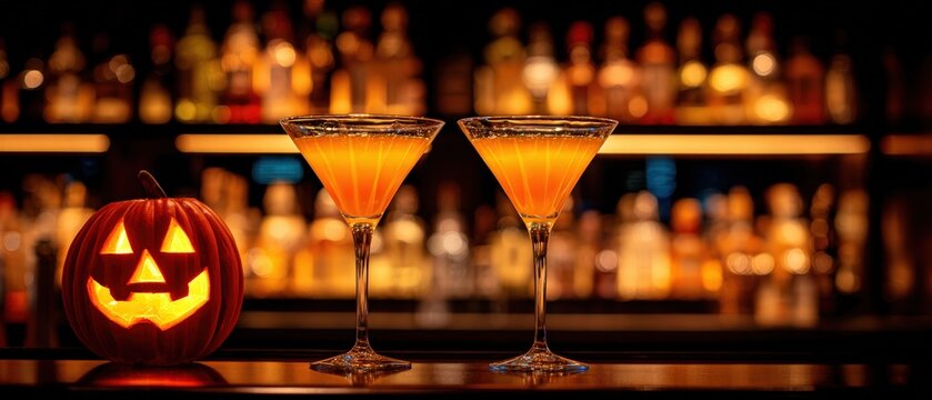 Two colorful cocktails with orange gradient in martini glasses and carved pumpkin face glowing in dim bar setting for Halloween party