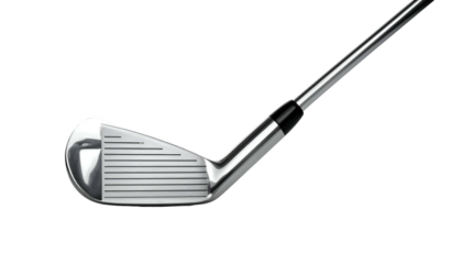 Chrome golf iron face up, shaft angled right, isolated on black