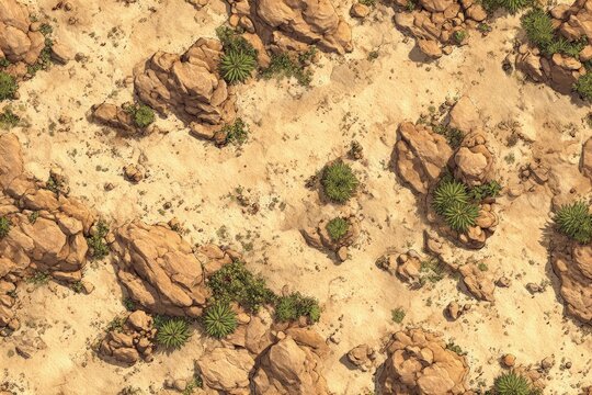 Top-down Seamless desert terrain map sandy dunes with scattered rocks and cacti warm earthy tones tiling texture for game design or tabletop RPG