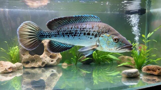 there is a fish that is swimming in a tank with rocks