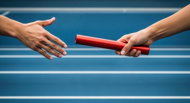 Athletic relay race baton handoff on track