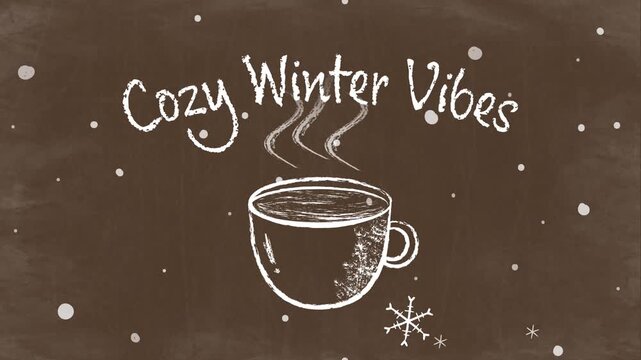 Cozy Motion: Chalk Coffee with Steam and Snowflakes on Brown Chalkboard (Cozy Winter Vibes Text)