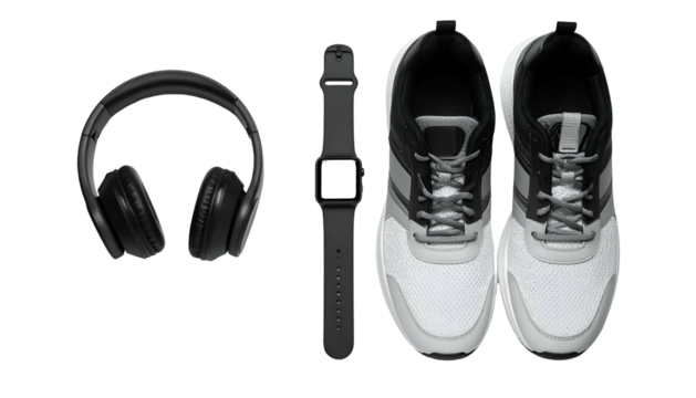 Fitness gear headphones, smartwatch, sneakers on black background