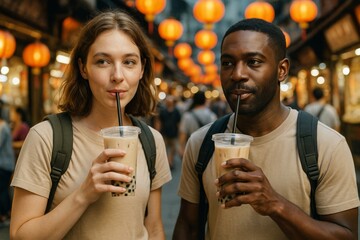 Young multicultural couple drinking bubble tea at night market with lanterns in background, wearing backpacks and enjoying vibrant lights. Ai generative