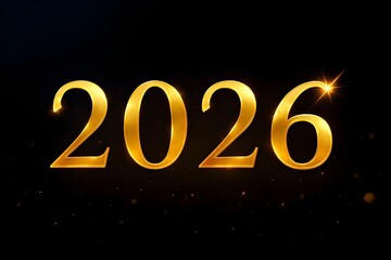 Glowing golden &ldquo;2026&rdquo; numerals with starburst on dark background, ideal for New Year greetings or celebration visuals.