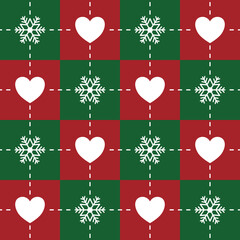 Seamless Christmas pattern with white hearts and snowflakes on red and green checkered background in minimal style. Design for fabric, clothing, wrapping, and holiday decor. Vector illustration.