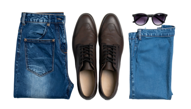 Blue jeans, leather shoes, sunglasses arranged overhead on black
