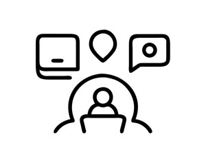 Person working on laptop with location pin, message bubble