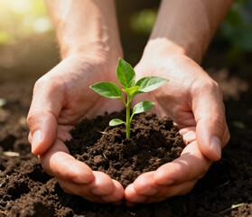 Fototapeta premium Hands gently holding a small green plant growing from soil, symbol of hope and recovery