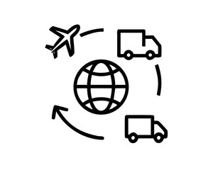 Worldwide shipping network with airplane, globe, and delivery trucks