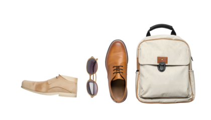 Flat lay of shoe, sunglasses, leather dress shoe, and backpack
