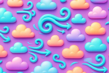 Colorful stylized clouds and wind symbols in a seamless pattern on purple background, illustrating playful weather concept in soft light style. Ai generative