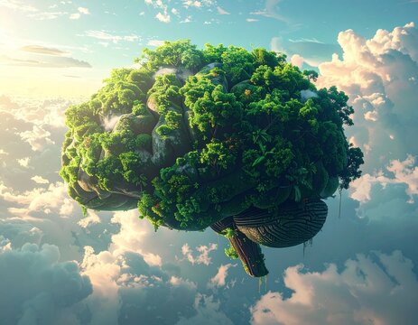 Brain Forest: An image that portrays a green brain floating among clouds, embodying the fusion of nature and the mind.