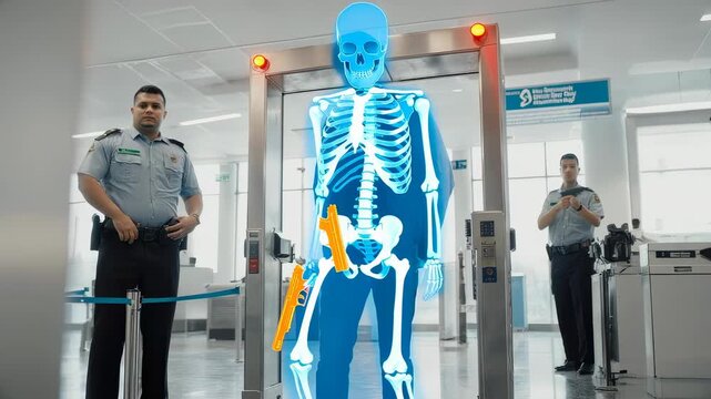 Airport security metal detector scanning man with hidden guns