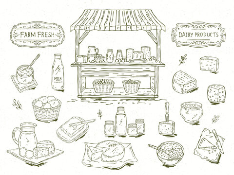 Line art illustration of farm products including milk, butter, cheese, yogurt, cream, and eggs with a farmers market stall, showcasing fresh farm goods - Powered by Adobe