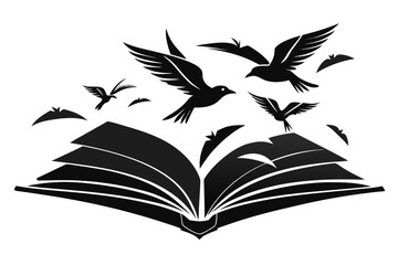Birds flying from an open book in black and white