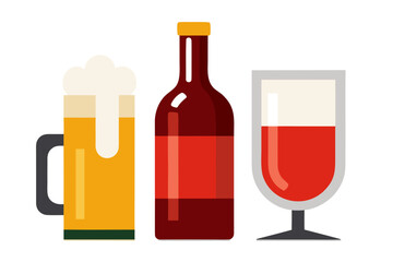 Illustration of a beer mug, wine bottle and wine glass