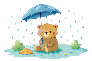 Illustration of a bear with an umbrella in the rain