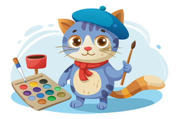 Cartoon cat artist with beret, scarf, paintbrush, and watercolor palette